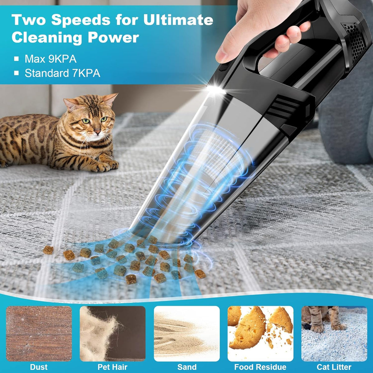 Handheld Vacuum Cordless Portable Car Vacuum with LED Light, High Power Suction, 3 in 1