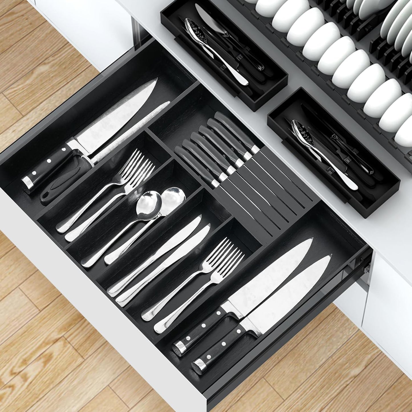 VaeFae Premium Bamboo Silverware Drawer Organizer Kitchen, Expandable Utensil Organizer with Knife