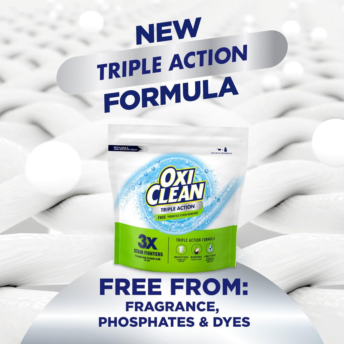 OxiClean Triple Action Free Versatile Stain Remover Powder, Use with Detergent, No Fragrance, No