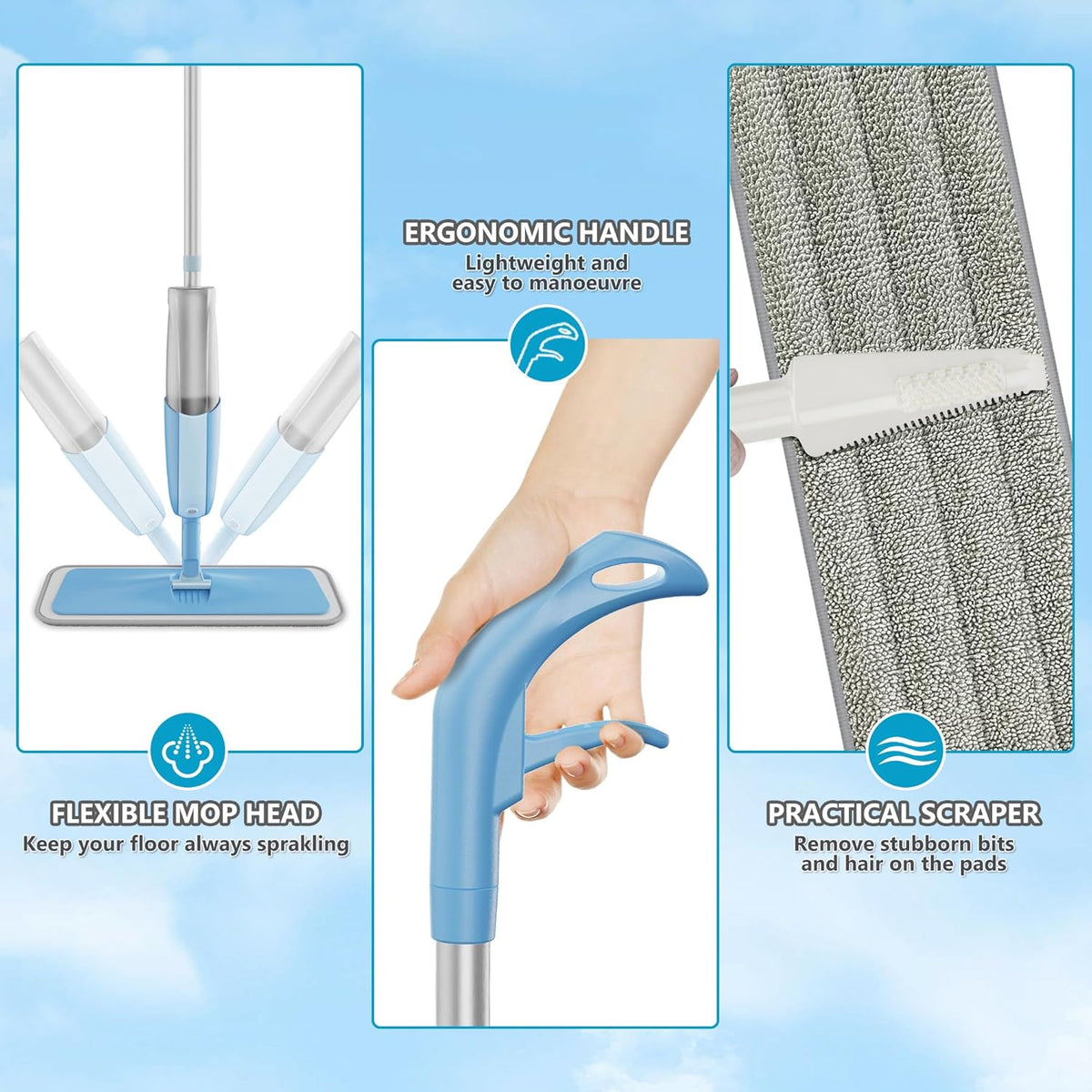 Spray Wet Mops for Hardwood Floors- MEXERRIS Microfiber Dust Dry Mop with 3 Microfiber Washable