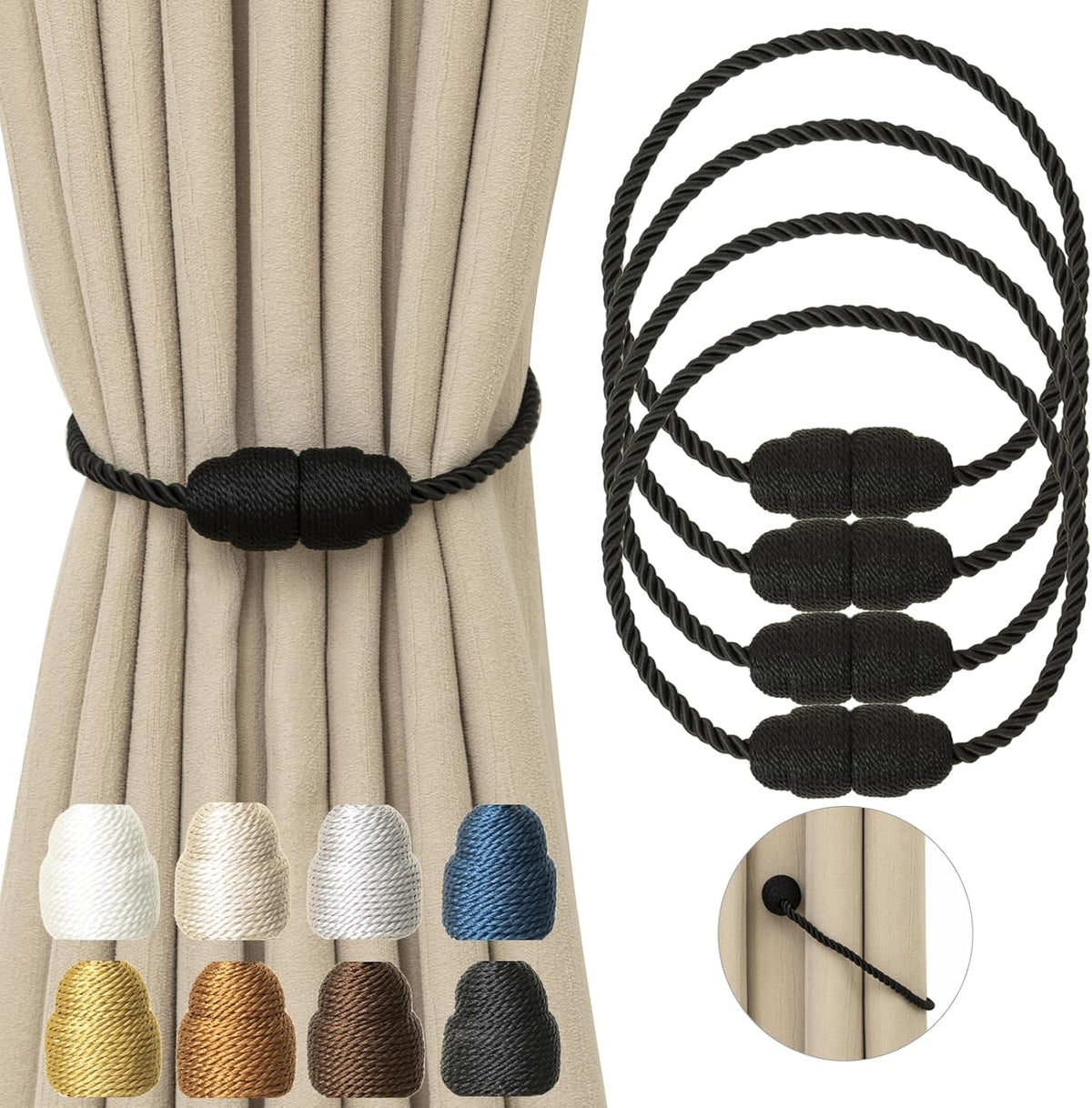 Magnetic Curtain Tiebacks Rope Curtain Tie Backs for Curtains 4 Pack Curtain Holders for Drapes