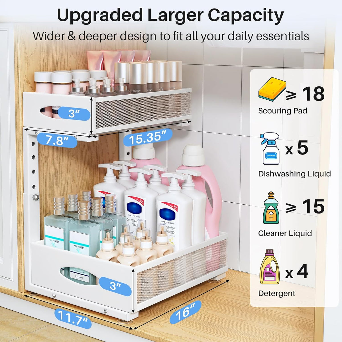 Under Sink Organizer, 2 Tier Pull Out Under Cabinet Organizer Shelf with Pad for Framed Cabinets