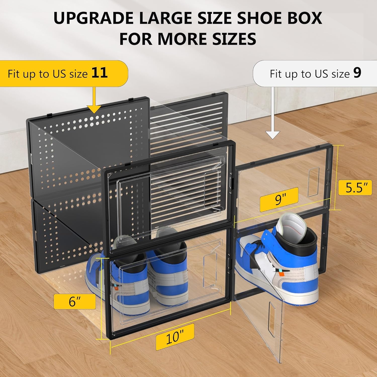 12 Pack X Large Shoe Storage Organizer for Closet, Modular Space Saving Shoe Boxes Clear Plastic