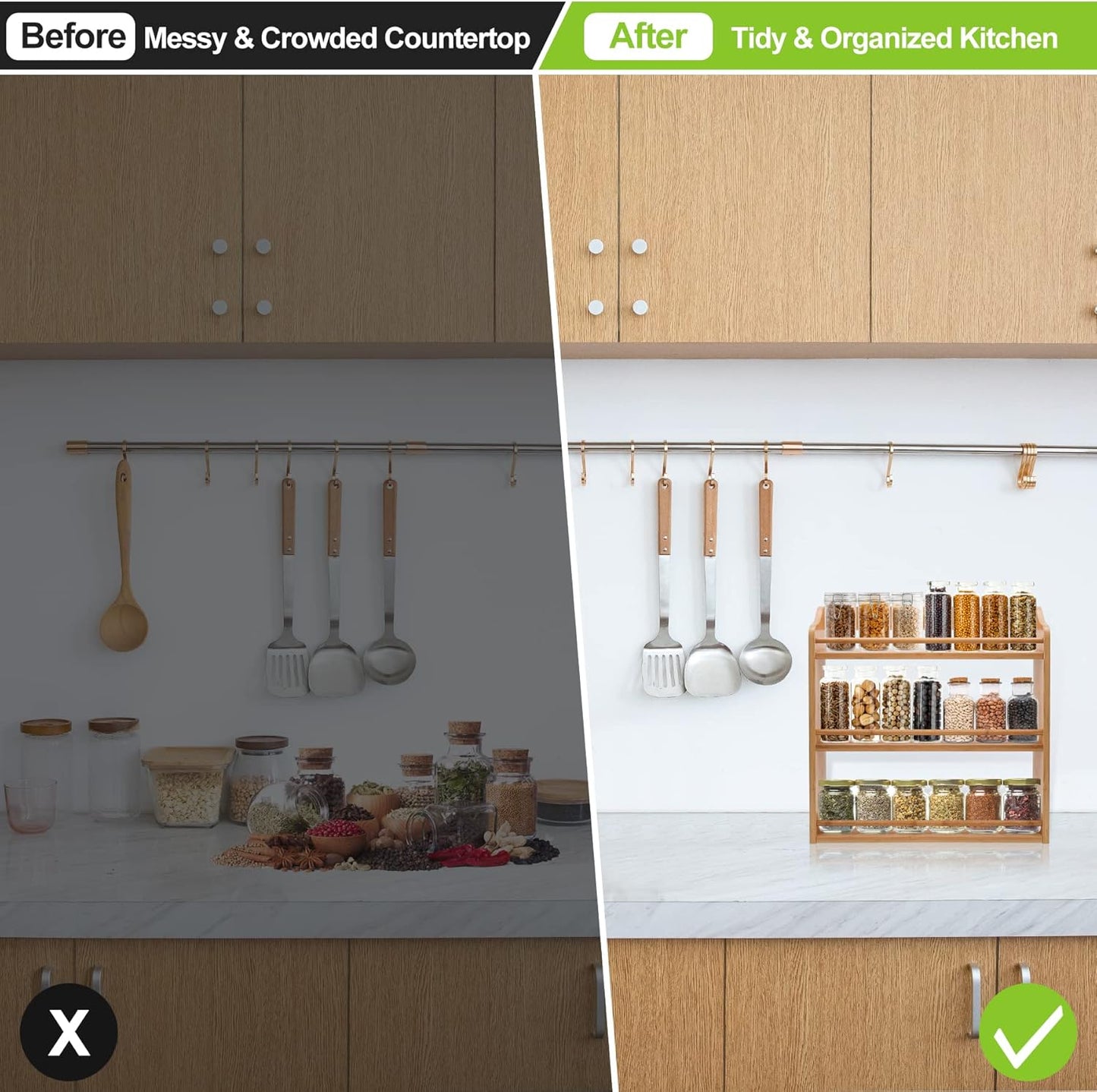 3 Tier Bamboo Spice Rack, Seasoning Jars Rack Shelf Spice Organizer for Kitchen Counter or Wall