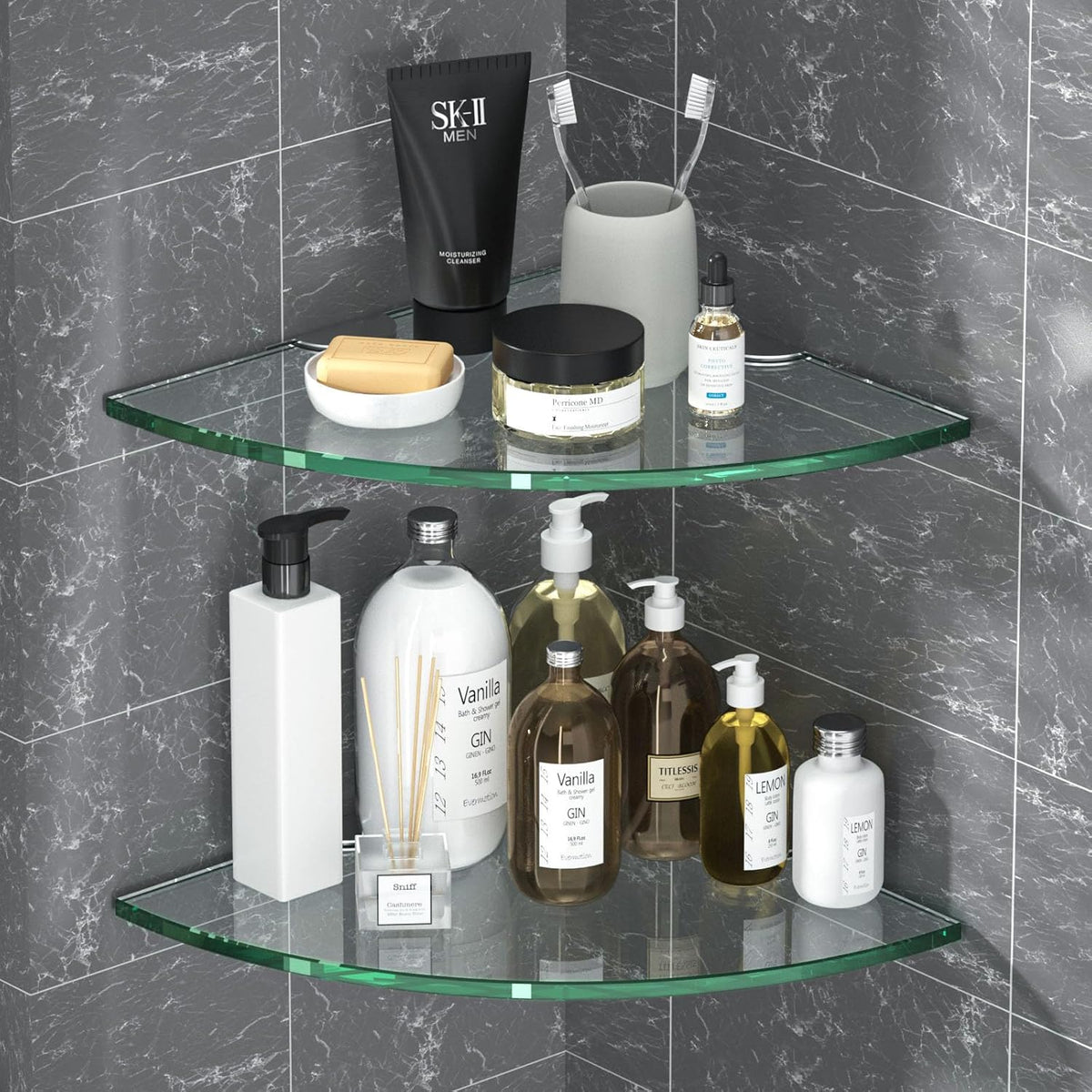 Corner Glass Shower Caddy 2 Pack 8MM-Thick Tempered Glass Shelf No Drilling Wall Mount Corner