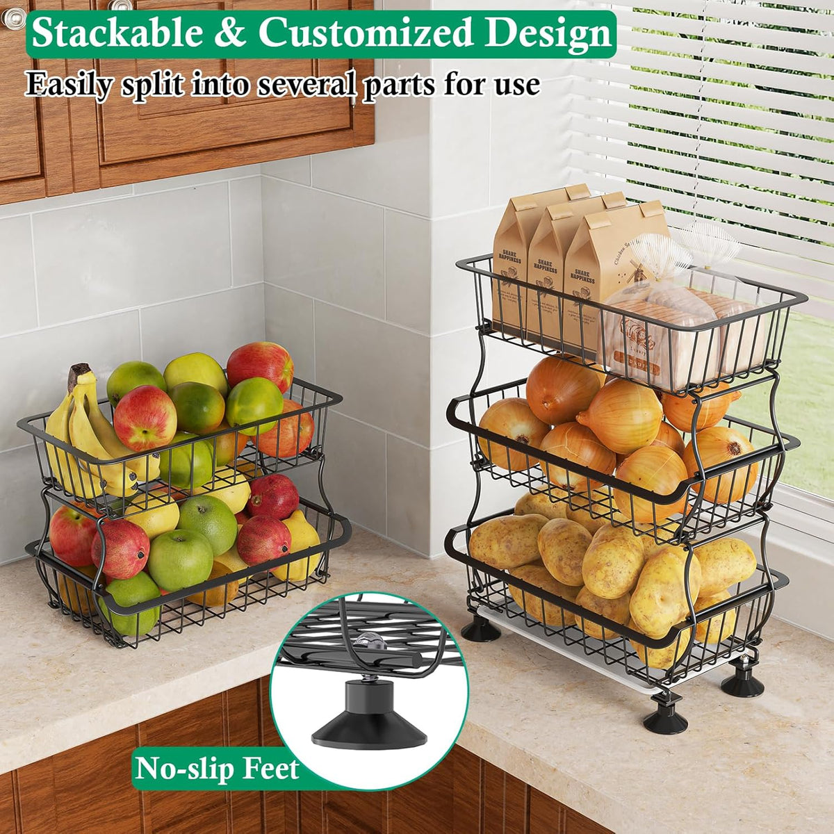 5 Tier Fruit Basket for Kitchen, Stackable Bins Wire Rack with Wheels, Fruit and Vegetable Storage
