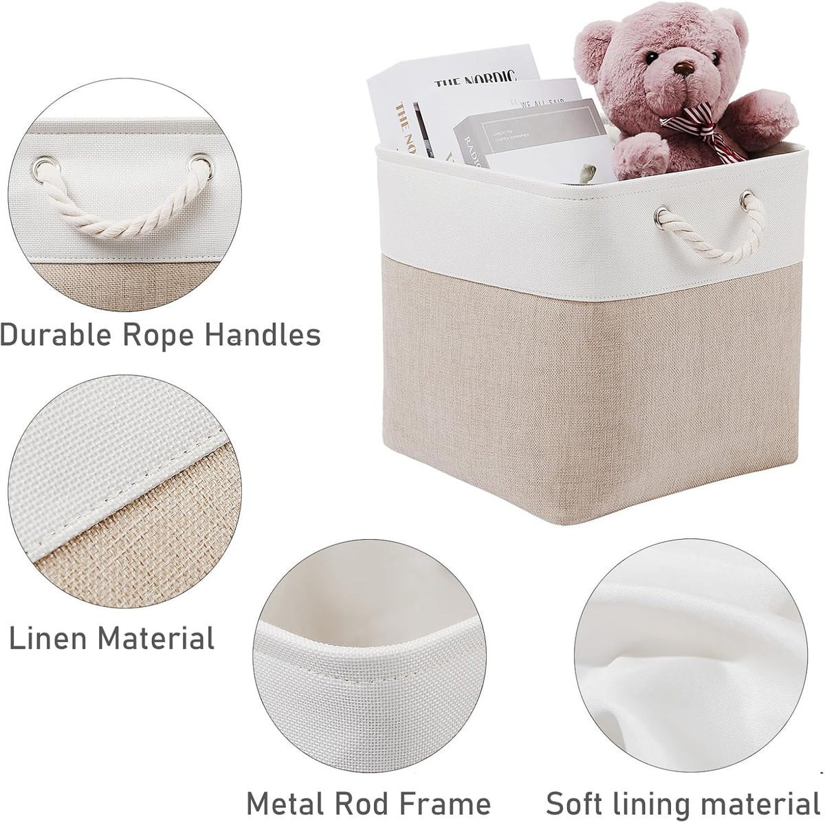 12 x 12 Inch Cube Storage Bins, 6 Pack Large Collapsible Fabric Storage Bin with Ropes, Foldable
