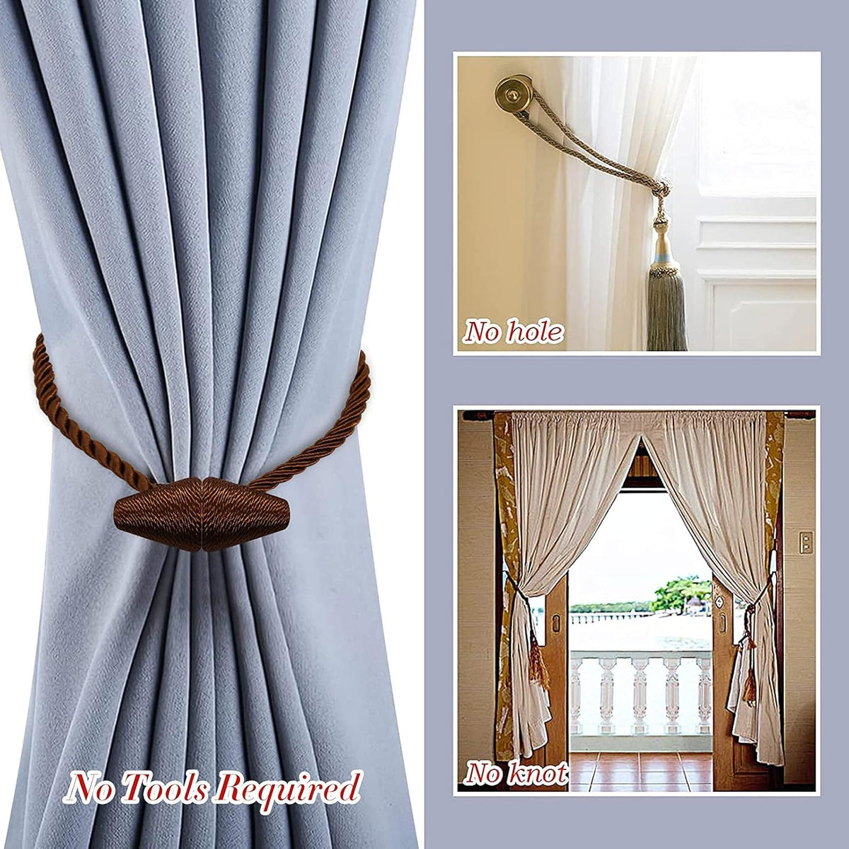 Hion Magnetic Curtain Tiebacks Dark Brown 2pcs, Curtain Tiebacks Buckles Holdbacks Holders Hooks