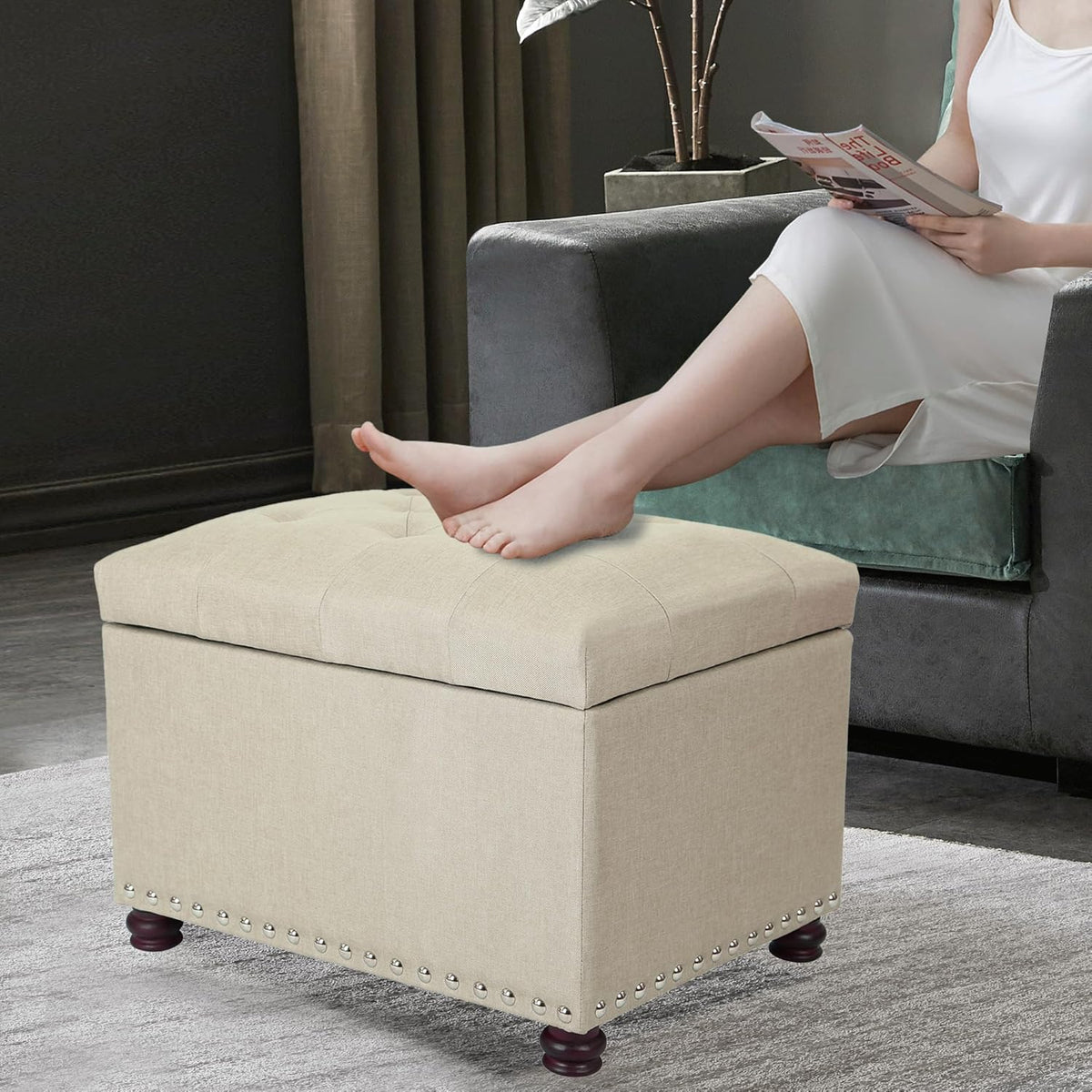 Joveco Storage Ottoman Bench Rectangular Fabric Organization Tufted Footrest for Living Room