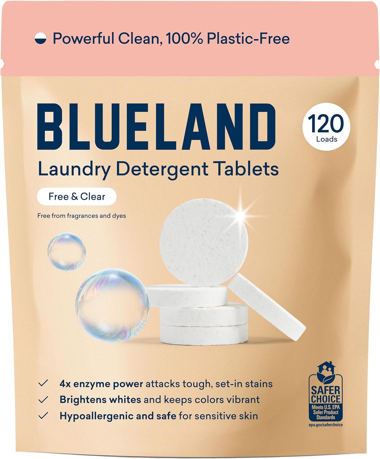 BLUELAND Laundry Detergent Tablets, 120 Count, Plastic-Free Eco-Friendly Pods, Sheets, Liquid