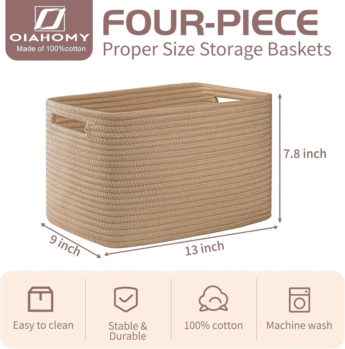 OIAHOMY 4 Pack Storage Baskets for Organizing, Cube Storage Bins for Shelves, Rectangle Storage