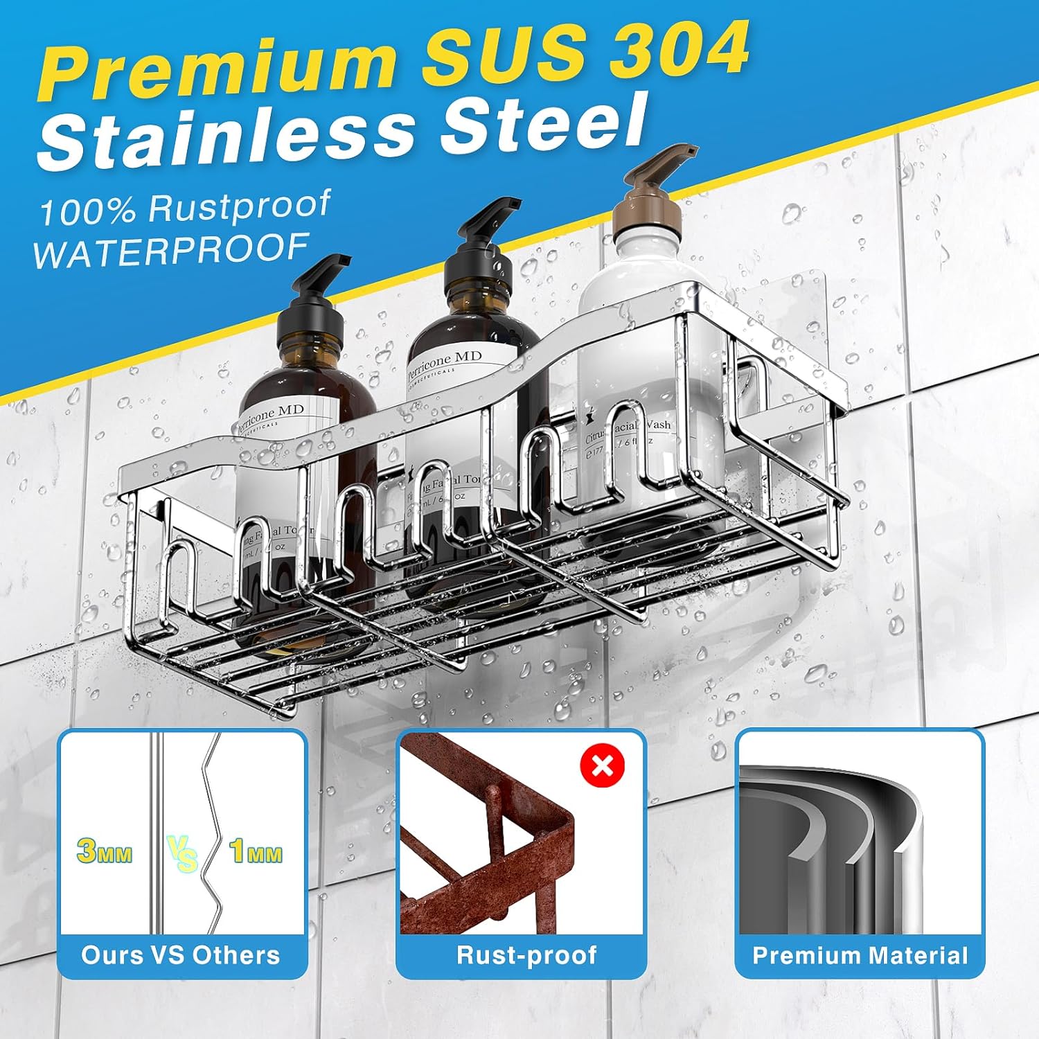 EUDELE 5-Pack Rustproof Stainless Steel Shower Caddy – No Drill Adhesive Bathroom Organizer with