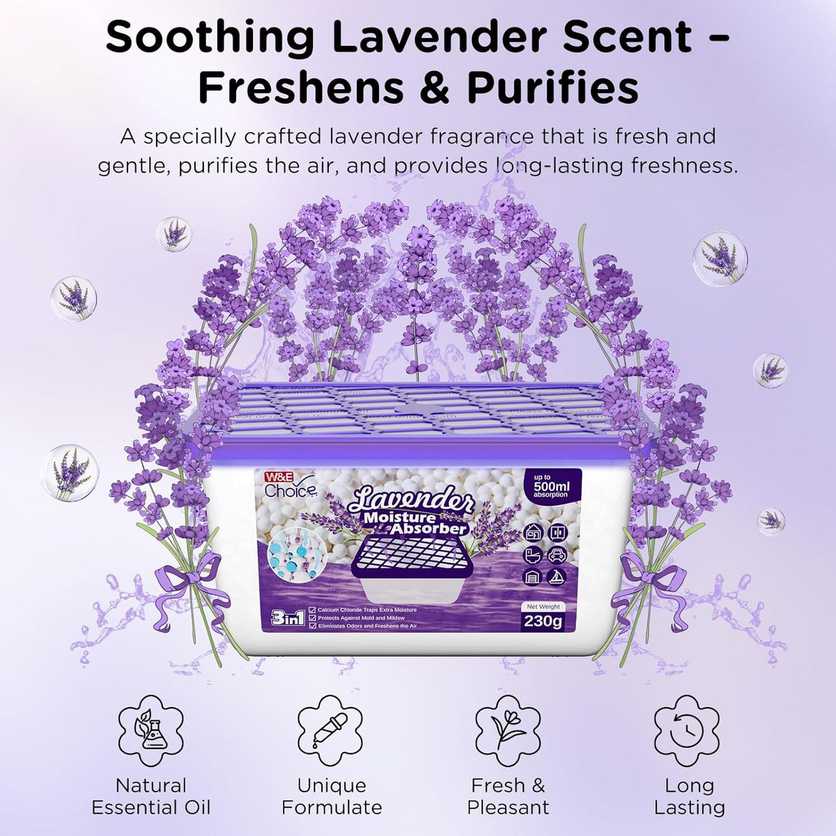 W&E Choice Moisture Absorbers with Lavender Scent, Portable Dehumidifier for Closet & Bathrooms