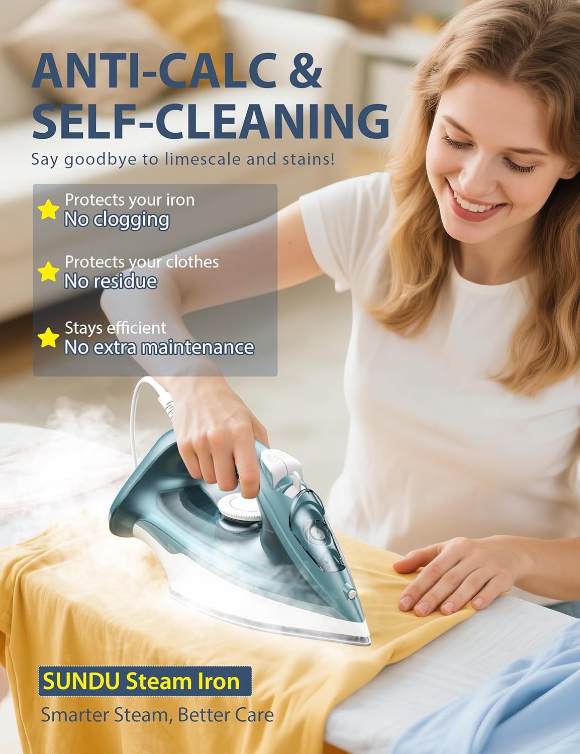 Sundu 1500W Steam Iron for Clothes, Ceramic Nonstick Soleplate for Fast Smooth Gliding, Self Clean