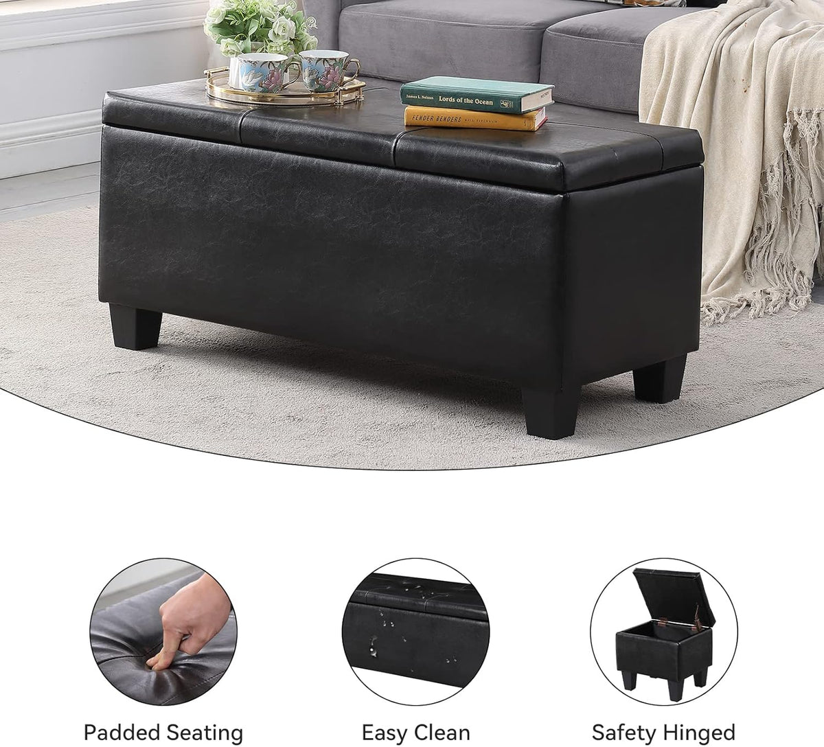 Storage Ottoman Set of 3, 38'' Button-Tufted Coffee Table Bench with 2pcs Nesting Foot Stools, for