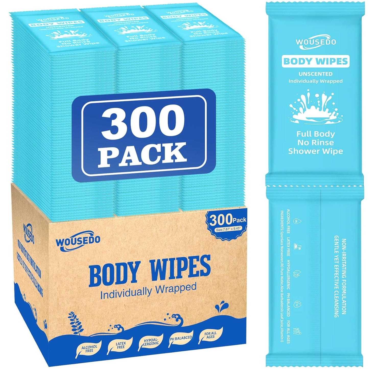 300 Pcs Ultra Thick Soft Large Body Wipes Individually Wrapped(7.87" x 9.45"),Shower Wipes for