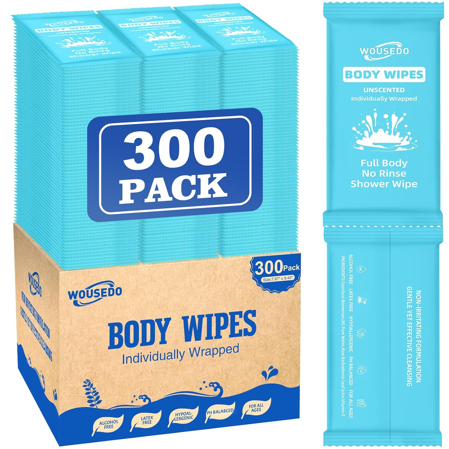 300 Pcs Ultra Thick Soft Large Body Wipes Individually Wrapped(7.87" x 9.45"),Shower Wipes for