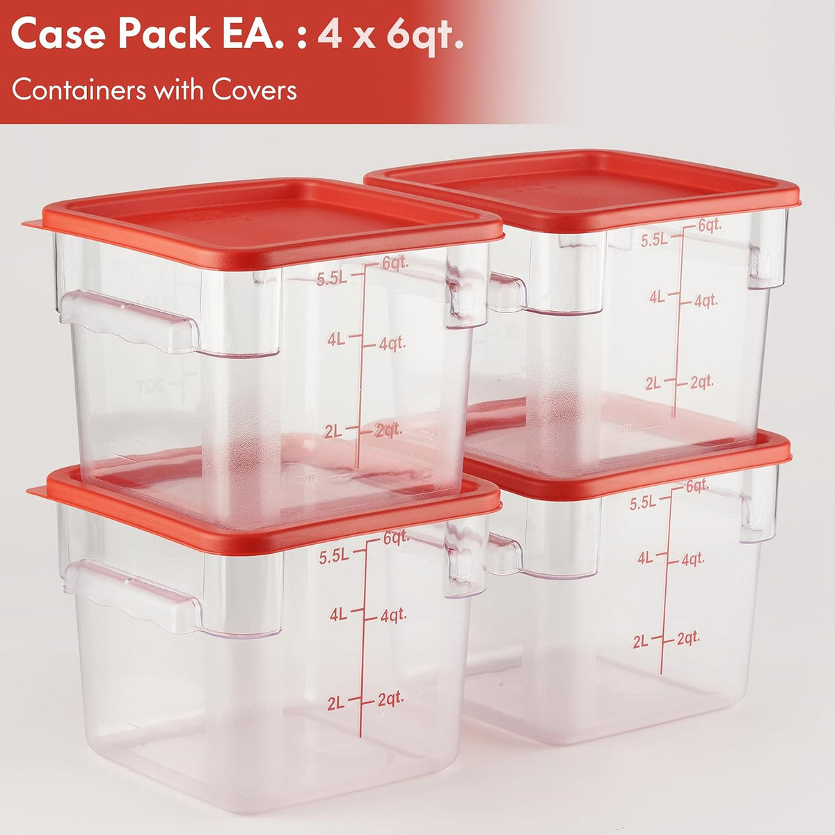CURTA 4 Pack Food Storage Container with Red Lid - NSF Commercial Grade in 6.0 Qt - Square, Clear