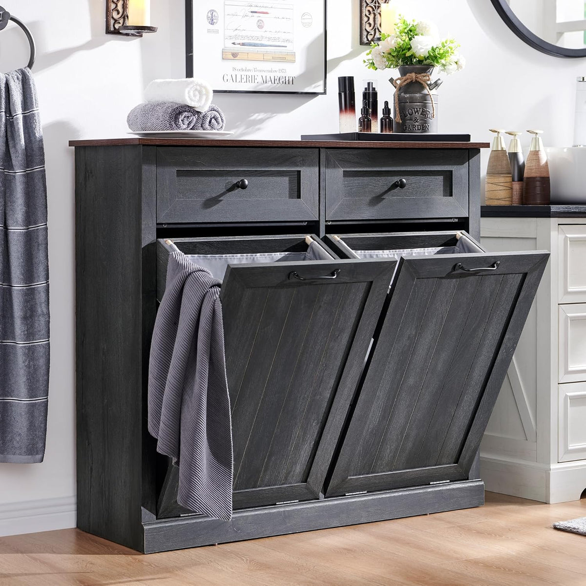 Double Tilt Out Laundry Hamper Cabinet, 20 Gallon Farmhouse Trash Can Cabinet with Drawer, Hidden