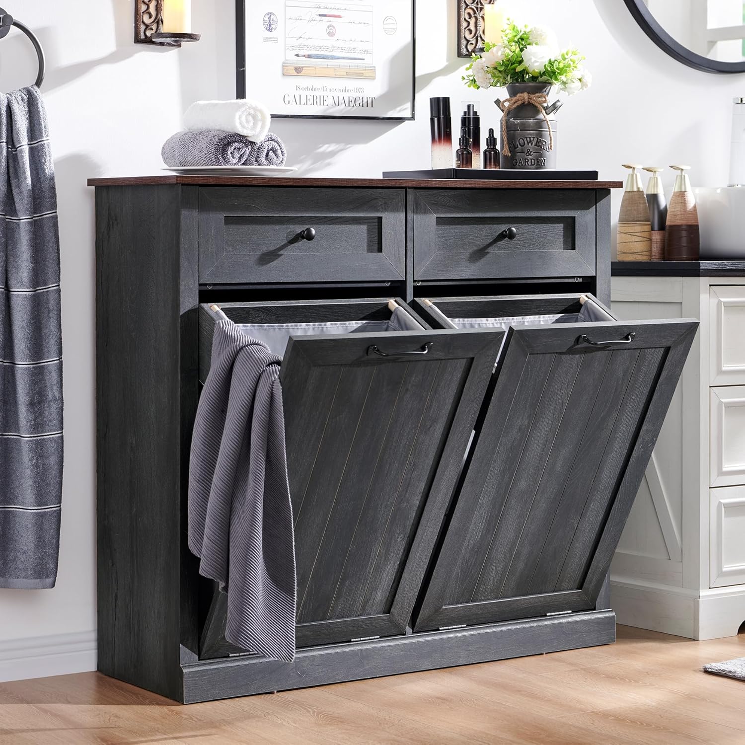 Double Tilt Out Laundry Hamper Cabinet, 20 Gallon Farmhouse Trash Can Cabinet with Drawer, Hidden