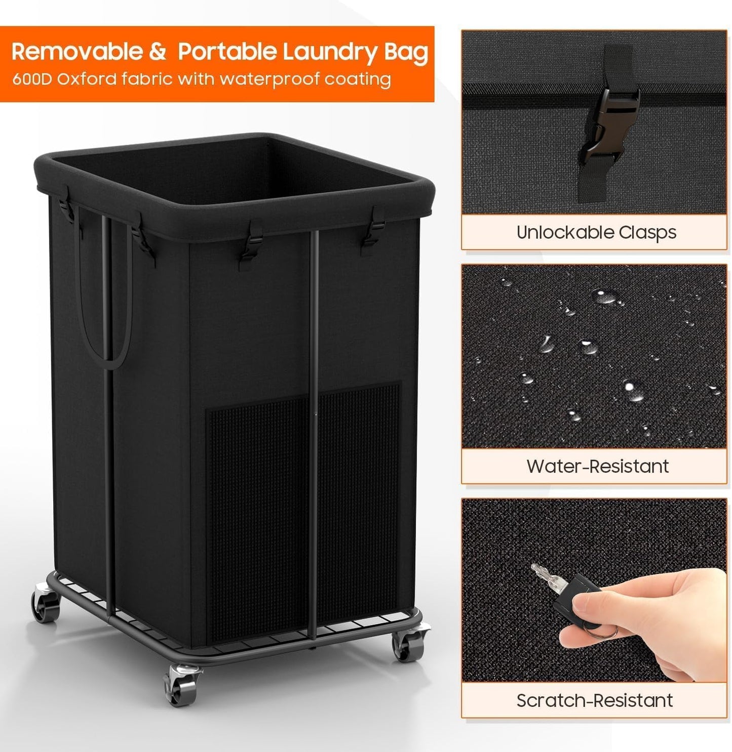 150L Laundry Hamper with Wheels, Rolling Laundry Basket with Metal Frame and Removable Bag, Large &