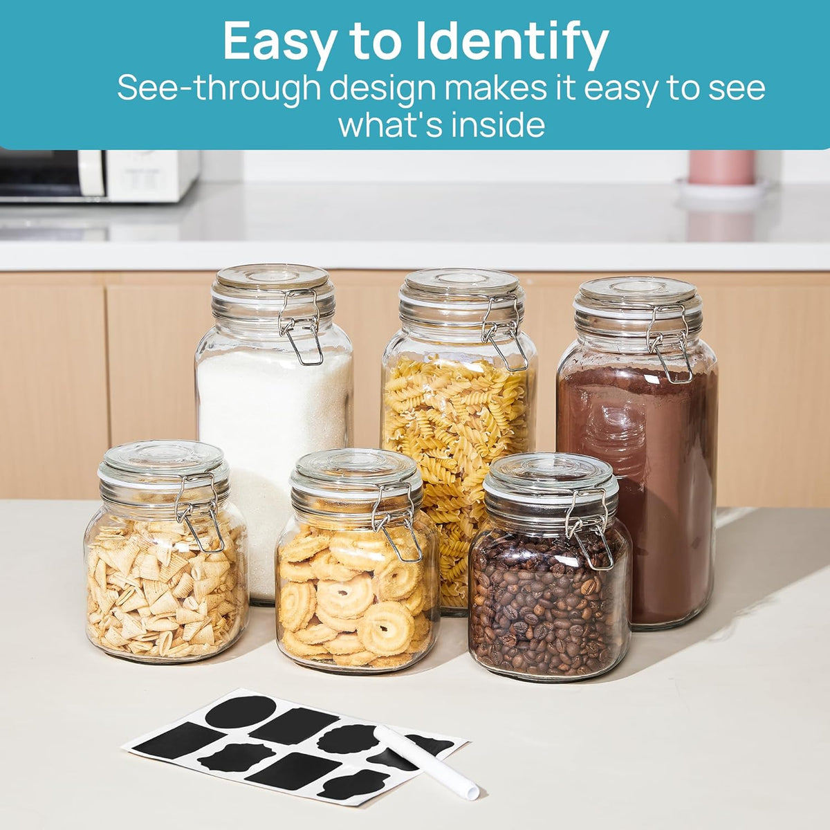 Vtopmart 34oz Glass Food Storage Jars with Airtight Clamp Lids, 3 Pack Kitchen Canisters for Flour