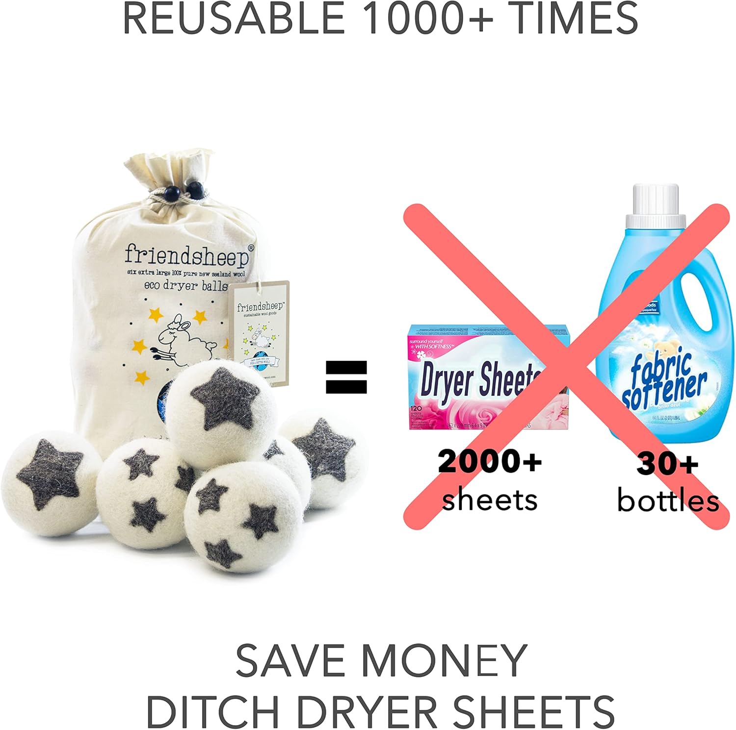 Friendsheep Wool Dryer Balls 6 Pack XL Organic Premium Reusable Cruelty Free Handmade Fair Trade No