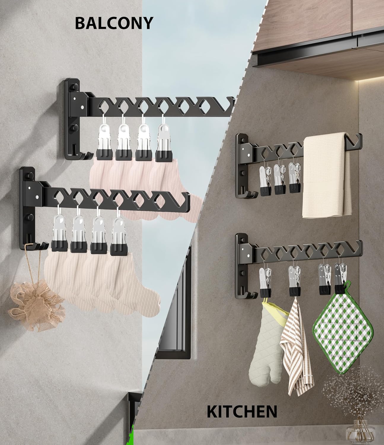 Wall Mount Coat Hanger Holder Black Clothes Drying Organizer Rack Garment Hooks Aluminium