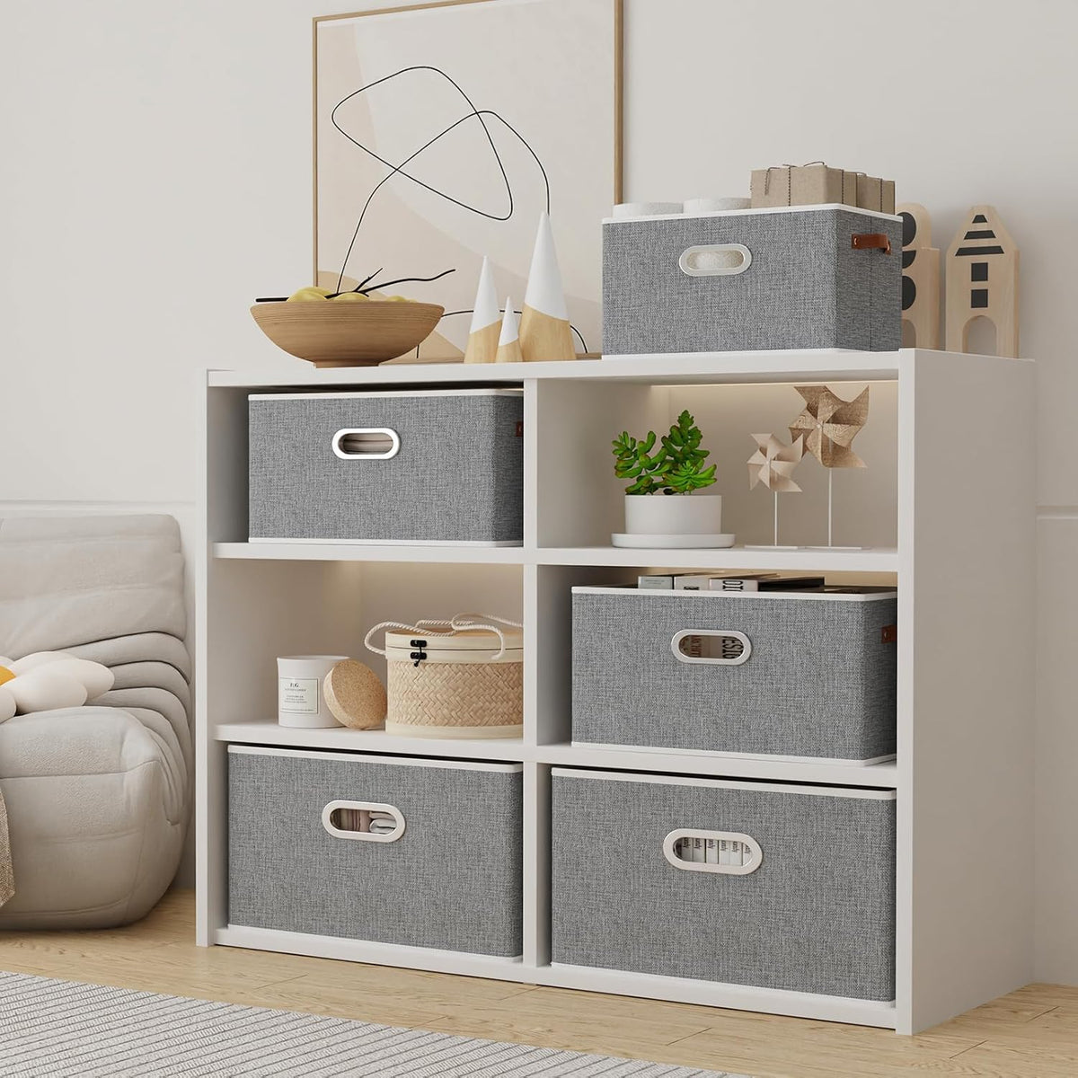 Yawinhe Fabric Storage Bins with Handles, Foldable Baskets for Shelves, Cubes with 3 Handles, Large