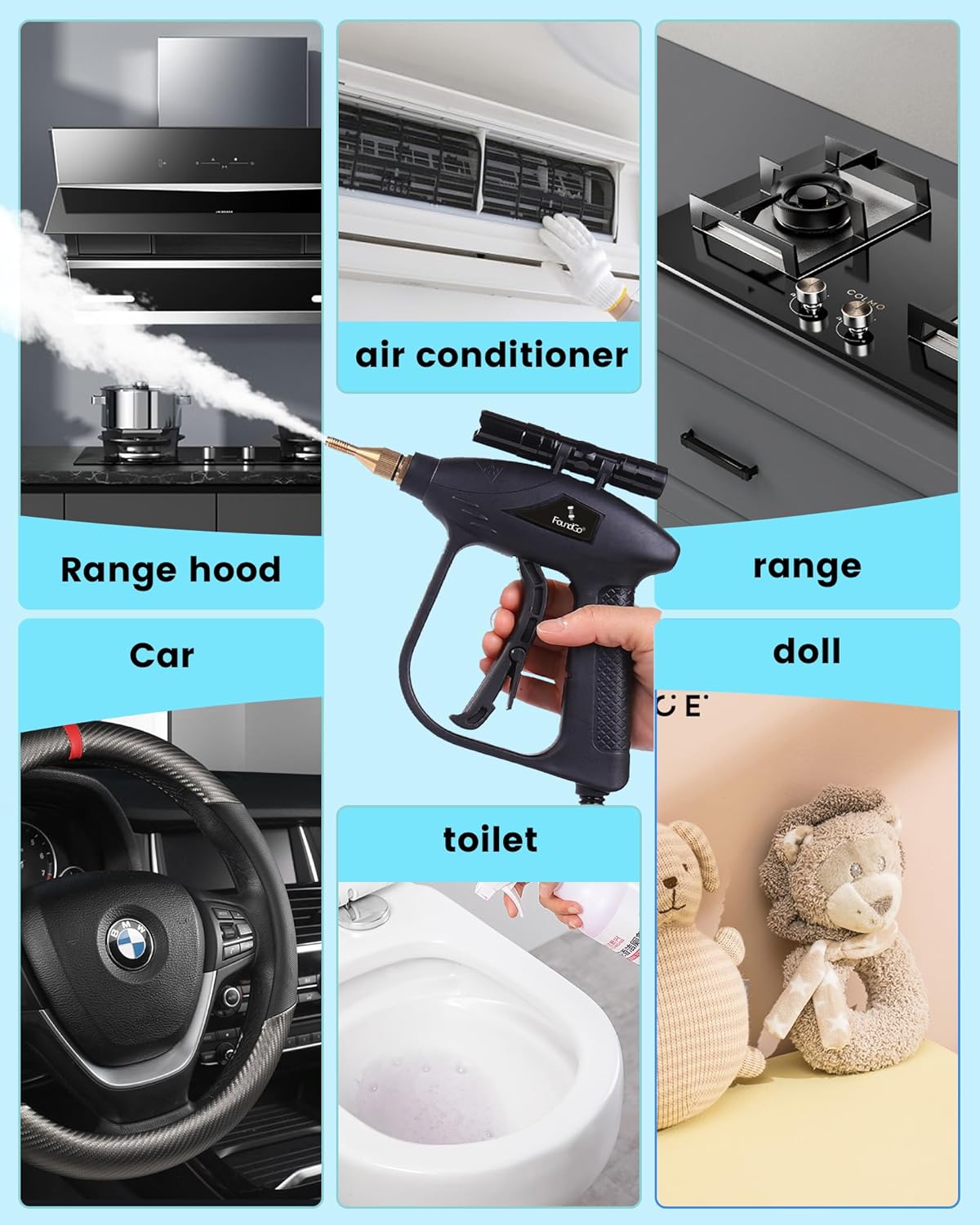 FoundGo 1700W Tankless Handheld Steam Cleaner with 7 Brushes 20s Heating to 239℉ Pressurized