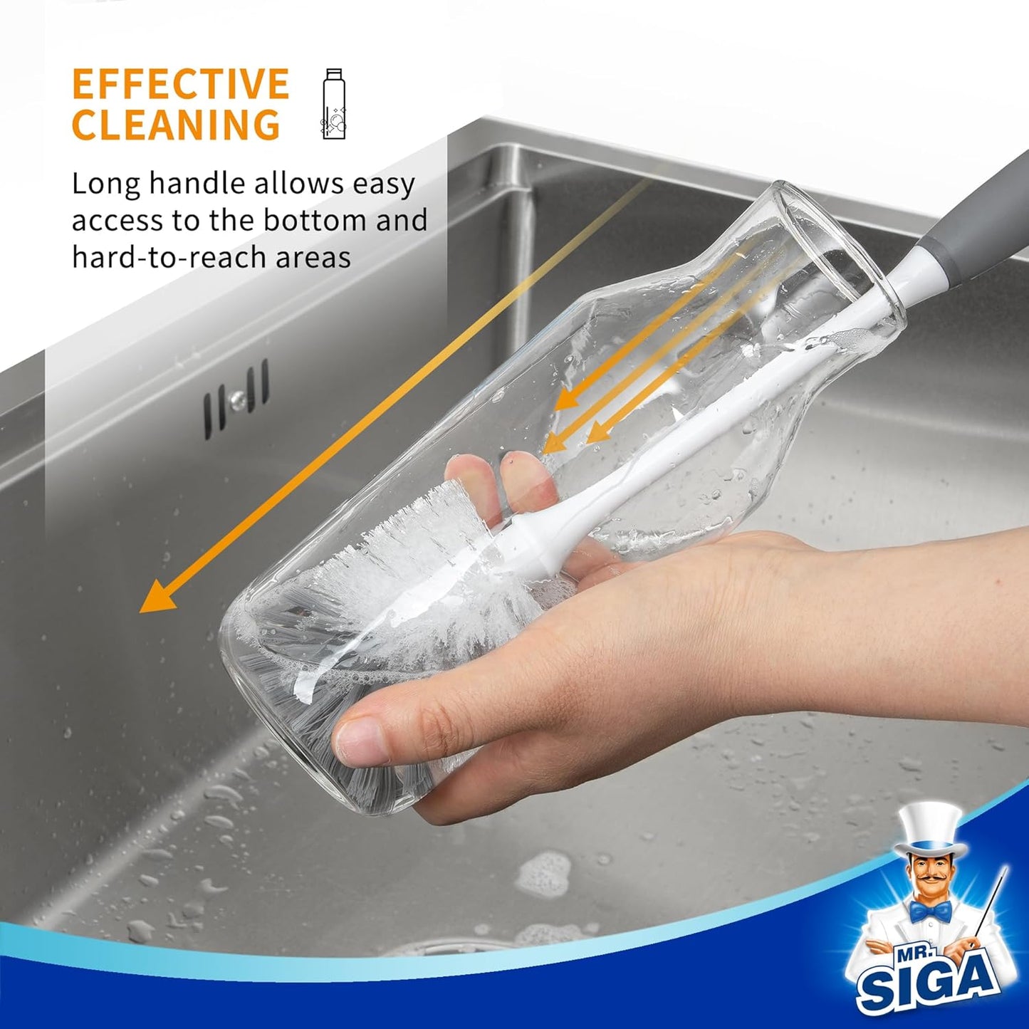 MR.SIGA Long Handle Bottle Brush, Flexible Scrub Brush for Water Bottles, Glasswares, Mugs, Gray, 2