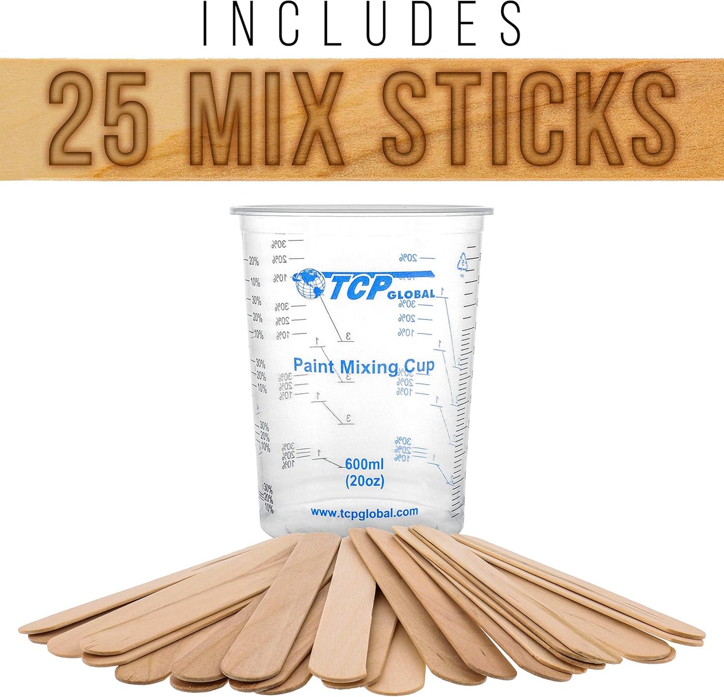 TCP Global 20 oz. (600ml) Graduated Plastic Mixing Cups - Box of 25 with 25 Mixing Sticks