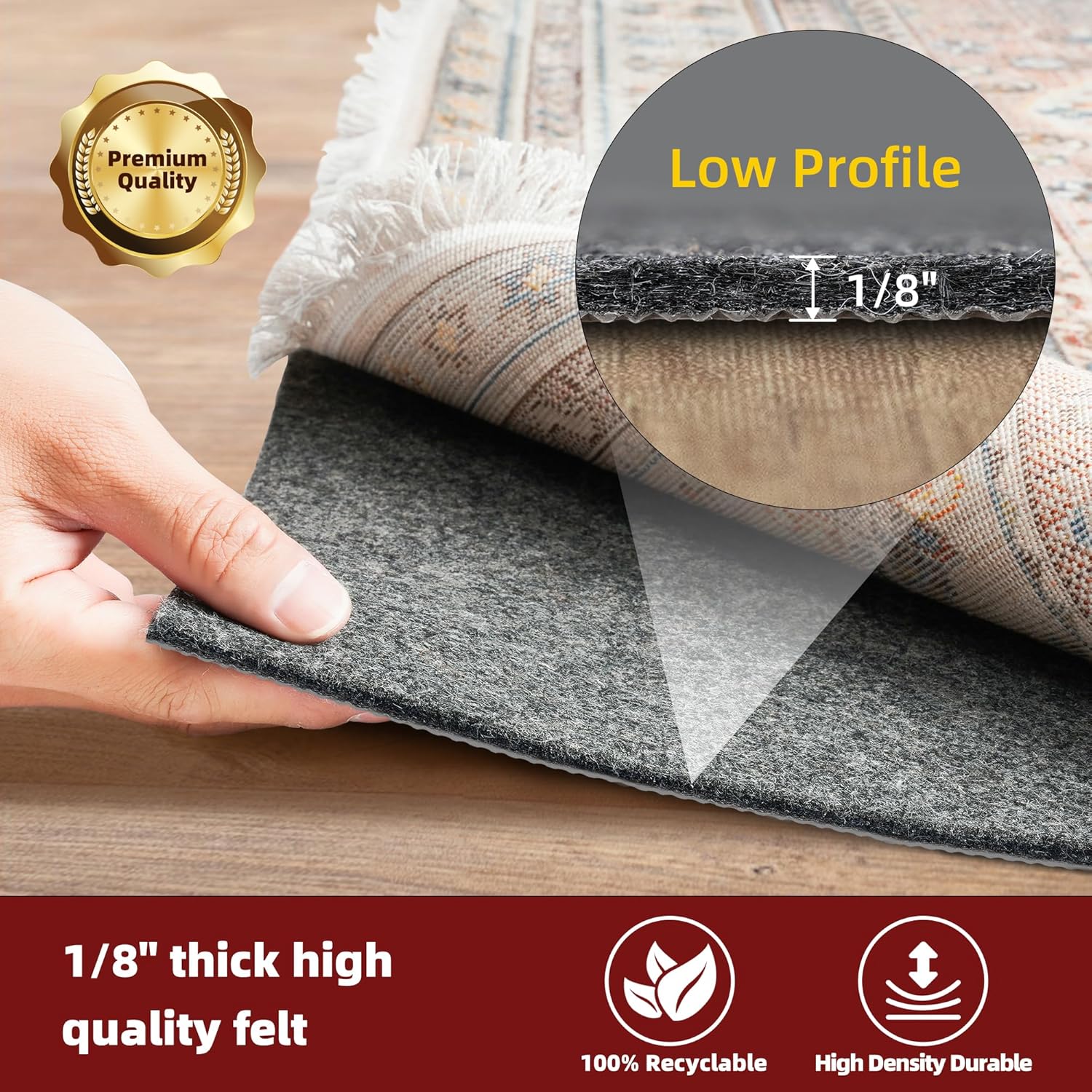 BAGAIL Felt and Natural Rubber Backing Rug Pads 1/8” Thick, 8 x 11 Ft Non Slip Rug Gripper Keep