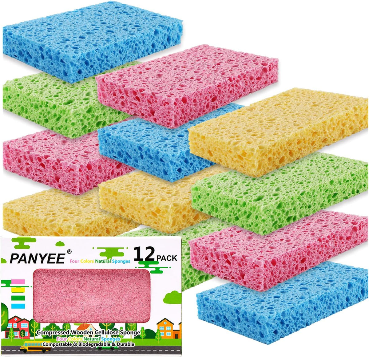 Compressed Cellulose Kitchen Sponges 12Pack，Non-Scratch Biodegradable Natural Colorful Sponge Scrub