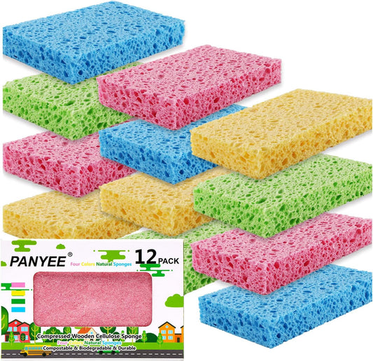 Compressed Cellulose Kitchen Sponges 12Pack，Non-Scratch Biodegradable Natural Colorful Sponge Scrub