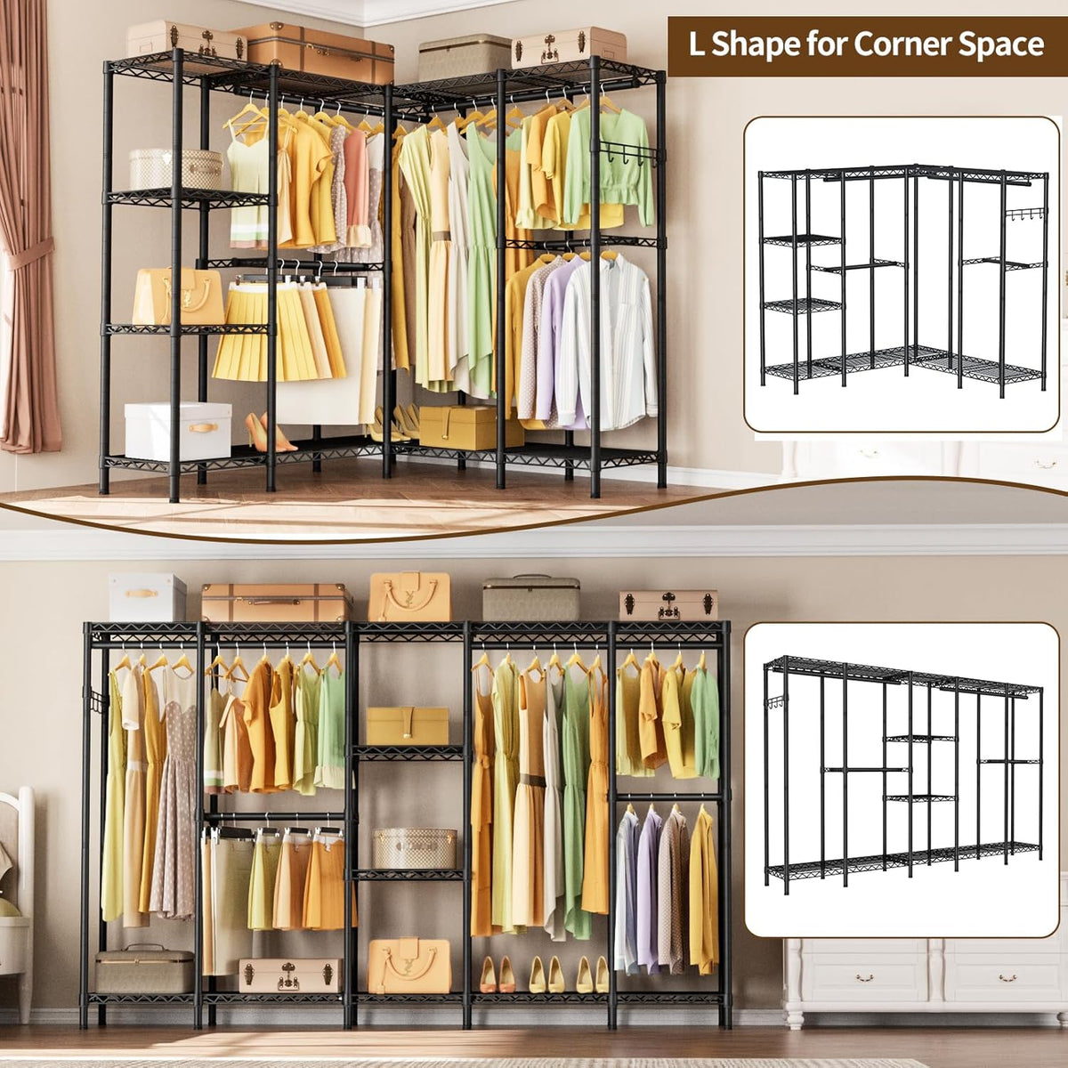 L Shaped Heavy Duty Metal Clothes Rack for Hanging Clothes,Freestanding Garment Rack Closet
