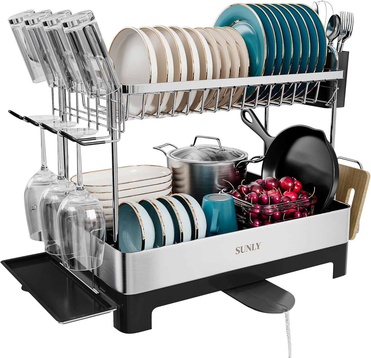 SUNLY 2 Tier Dish Drying Rack, Extra Large Dish Rack, Multifunctional Large Dish Drainers for