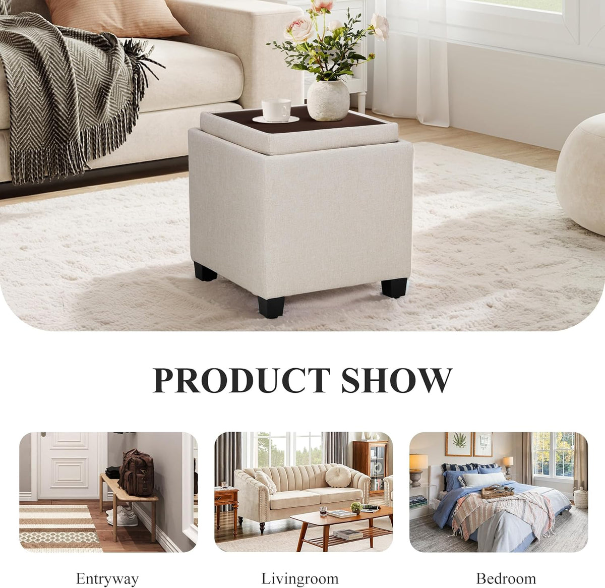 COLAMY Fabric Square Storage Ottoman with Reversible Tray Lid – Multi-Functional Footrest, Hidden