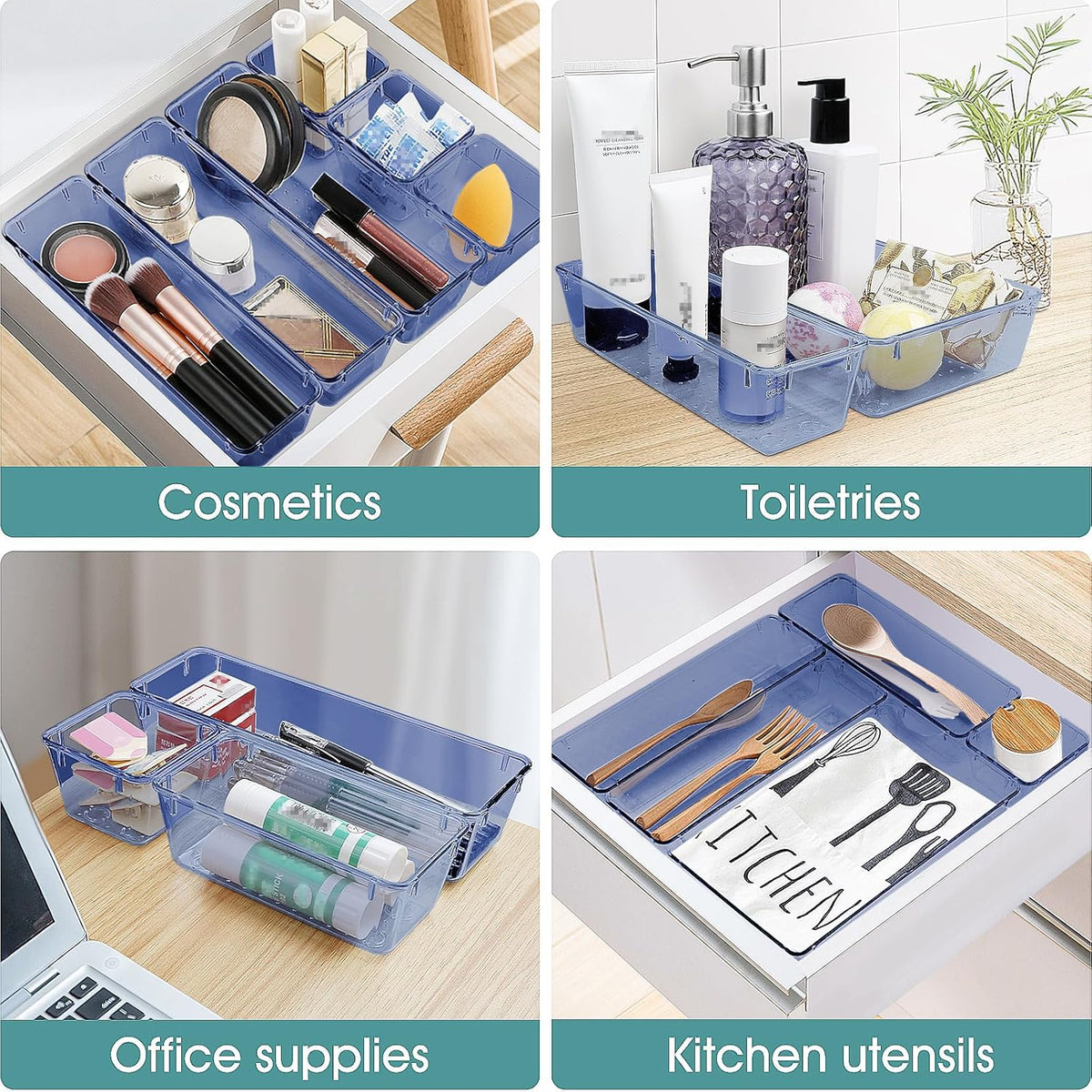 WOWBOX 25 PCS Plastic Drawer Organizer Set, 4 Sizes Desk Drawer Divider Organizers and Storage Bins