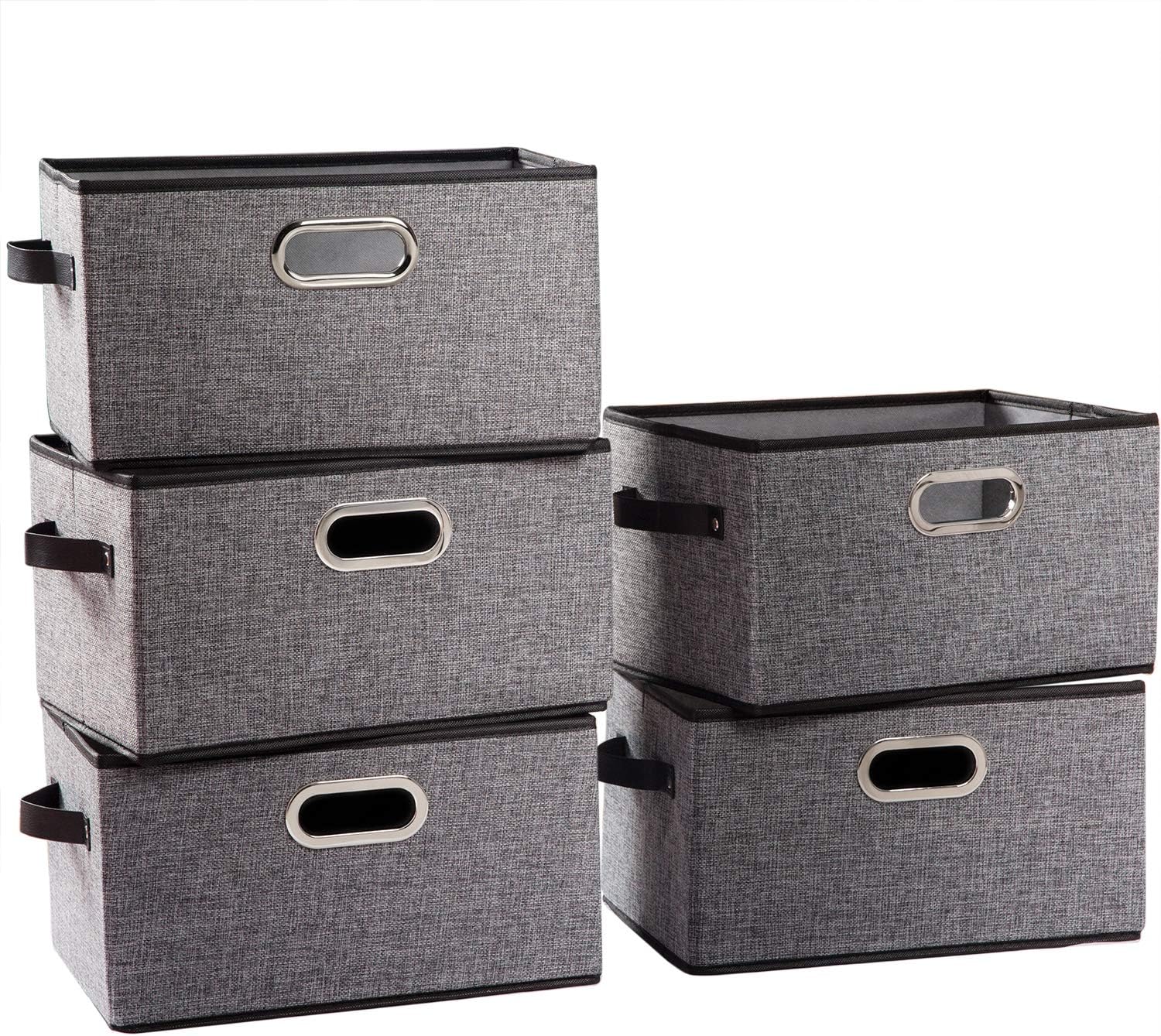 PRANDOM Larger Collapsible Storage Bins for Closet [5-pack] Decorative Linen Fabric Storage Baskets
