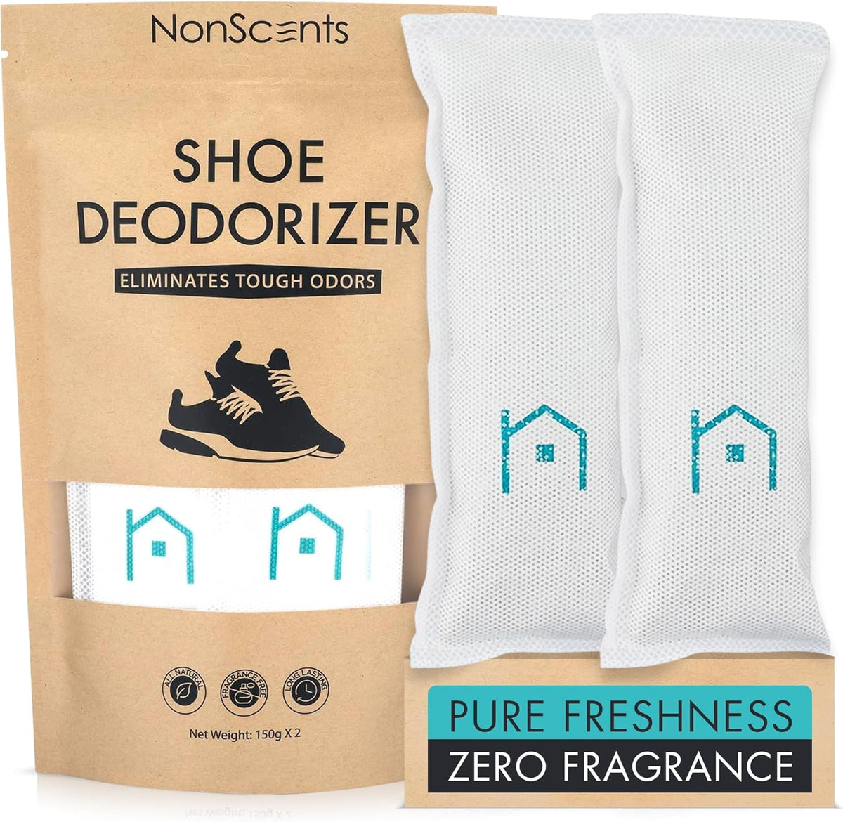 NonScents Shoe Deodorizer 1-Pack (2 Count) - Odor Eliminator, Air Freshener, Smell Absorber, Scent