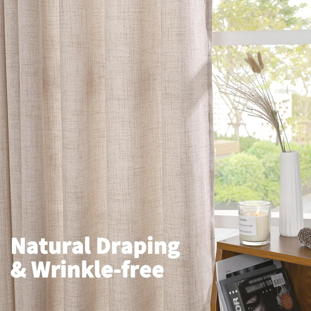YoungsTex Short Natural Linen Curtains 45 Inch Length 2 Panels Pinch Pleated Light Filtering