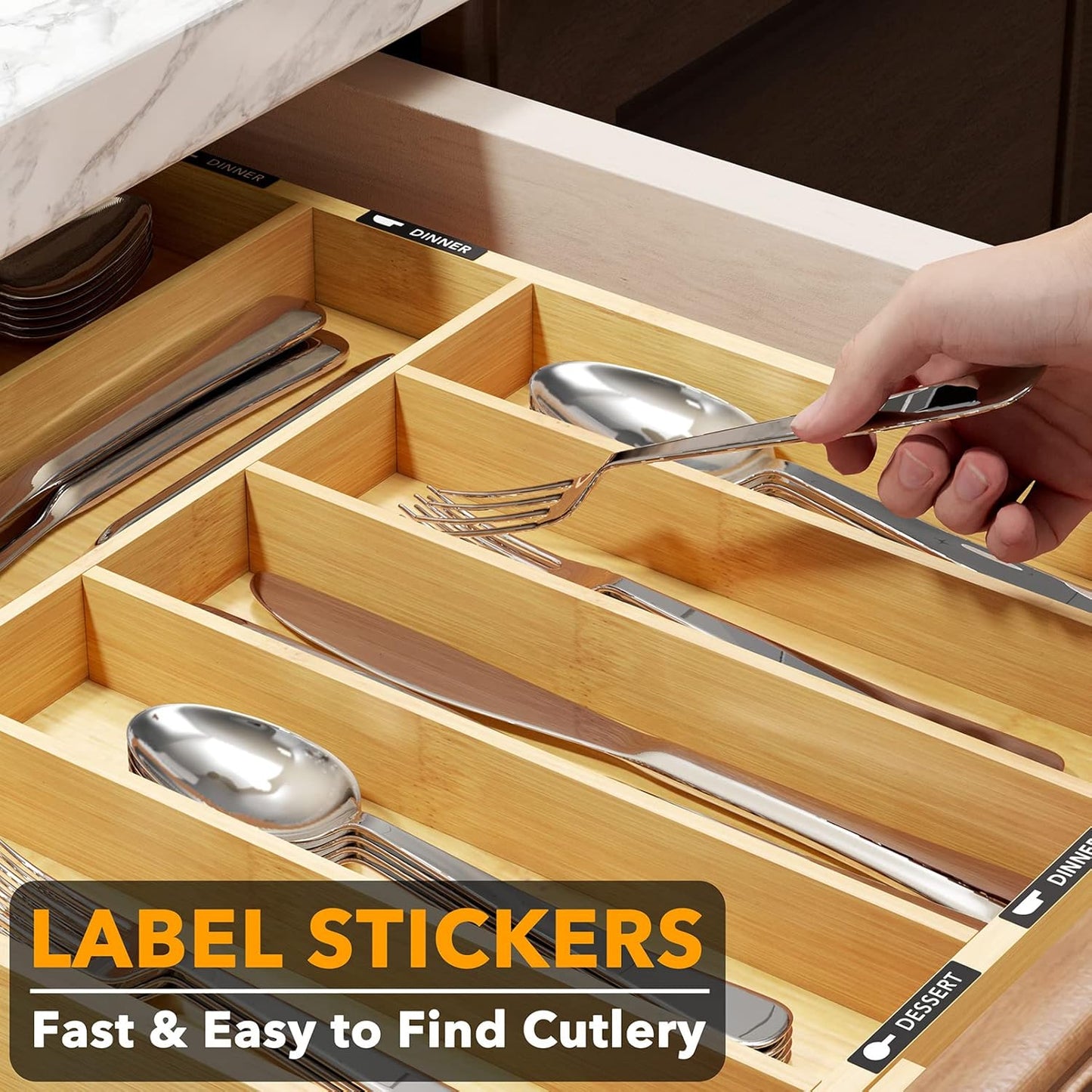 SpaceAid Bamboo Silverware Drawer Organizer with Labels, Kitchen Utensil Expandable Tray Holder