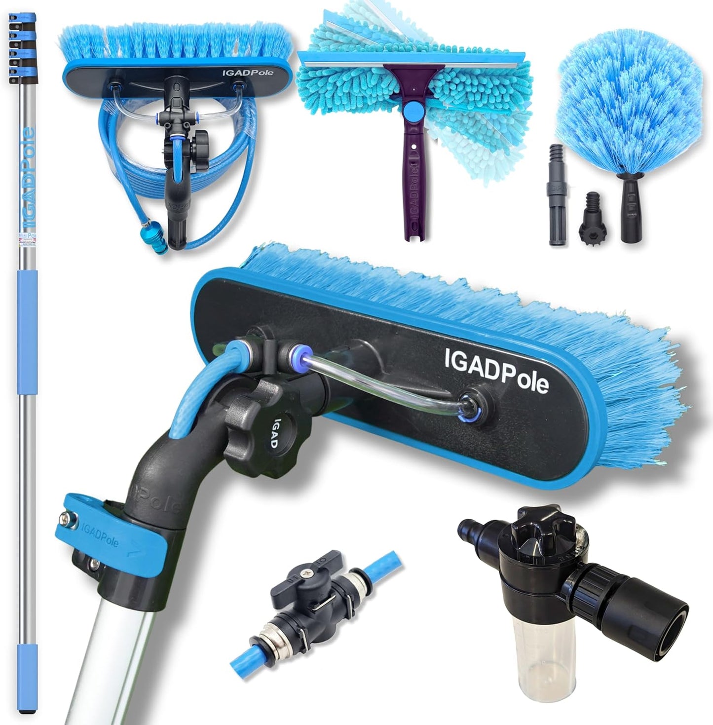 23ft IGADPole Washing Kit: Water-fed Brush, Cobweb Duster and 10” Squeegee and Soap Dispenser, with