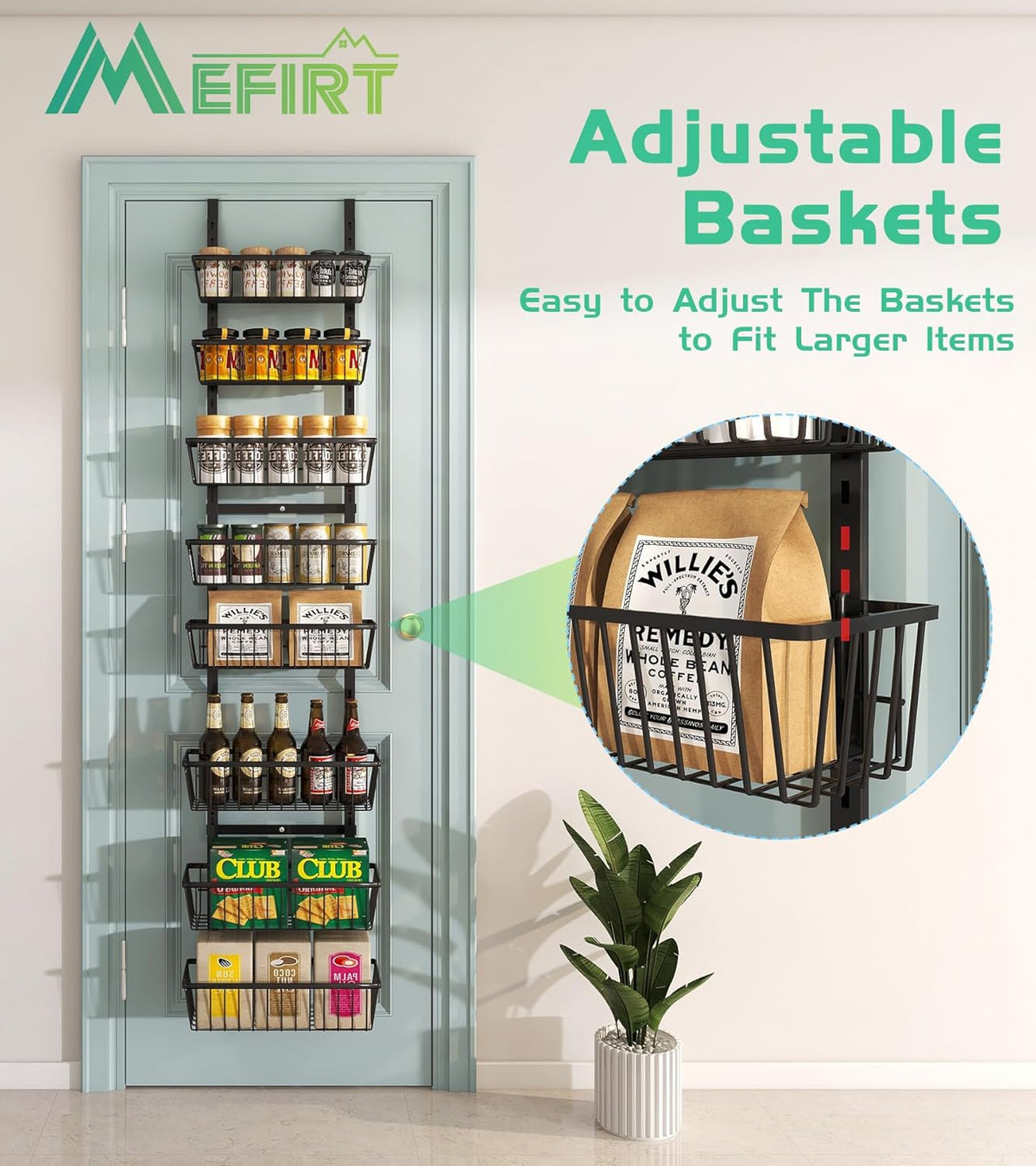 12 Inch Wide Narrow Over The Door Pantry Organizer, Pantry Organization and Storage, Black 8-Tier