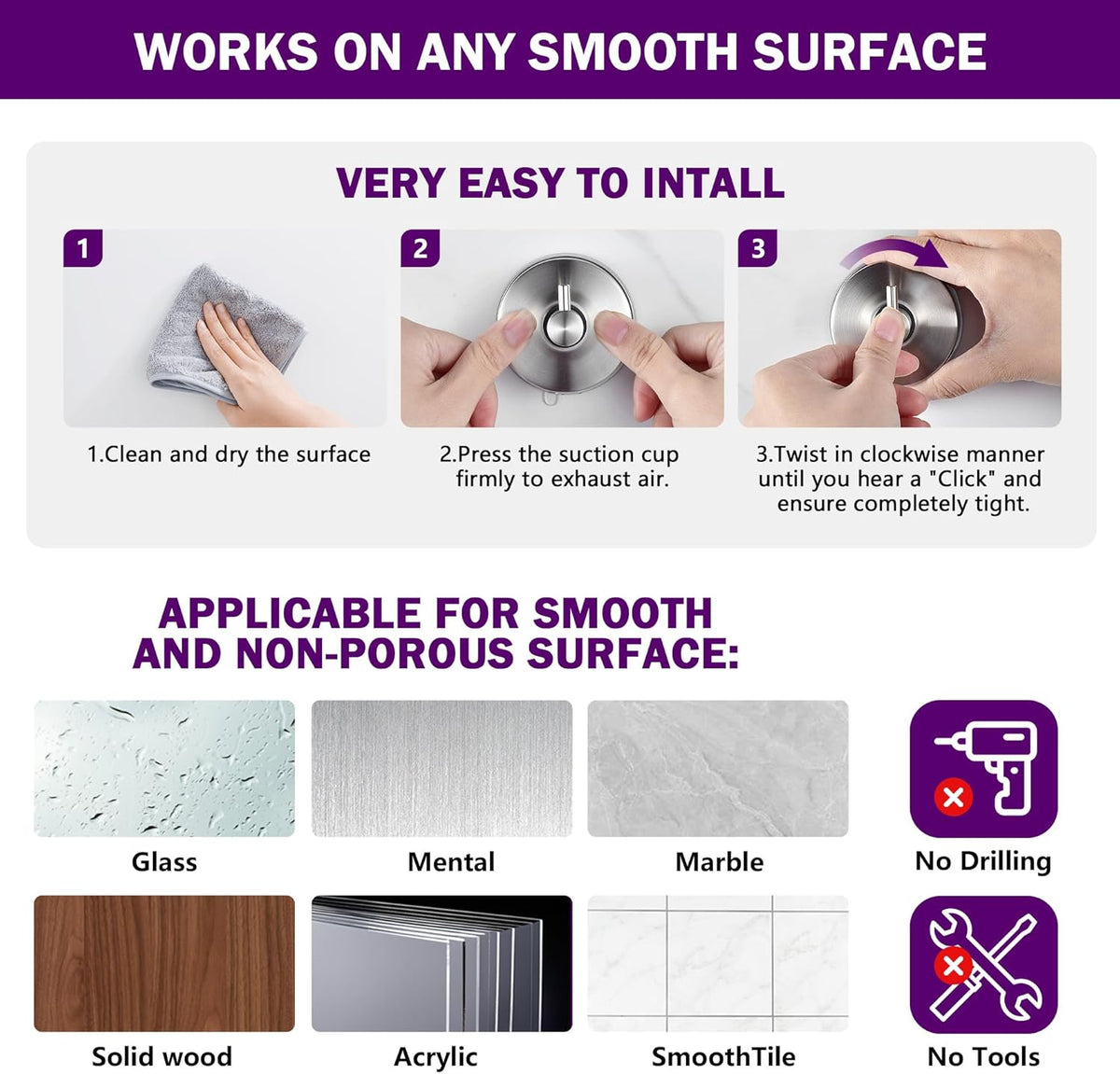 JOMOLA Brushed Stainless Steel Shower & Bathroom Hooks - No Drill Adhesive-Free Suction Cup