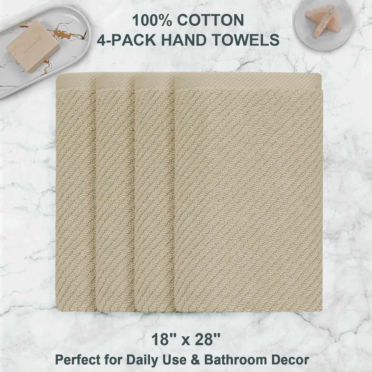 Beige Hand Towels, Hand Towels for Bathroom Set of 4, Large 18"x 28" - 100% Cotton | Lightweight |