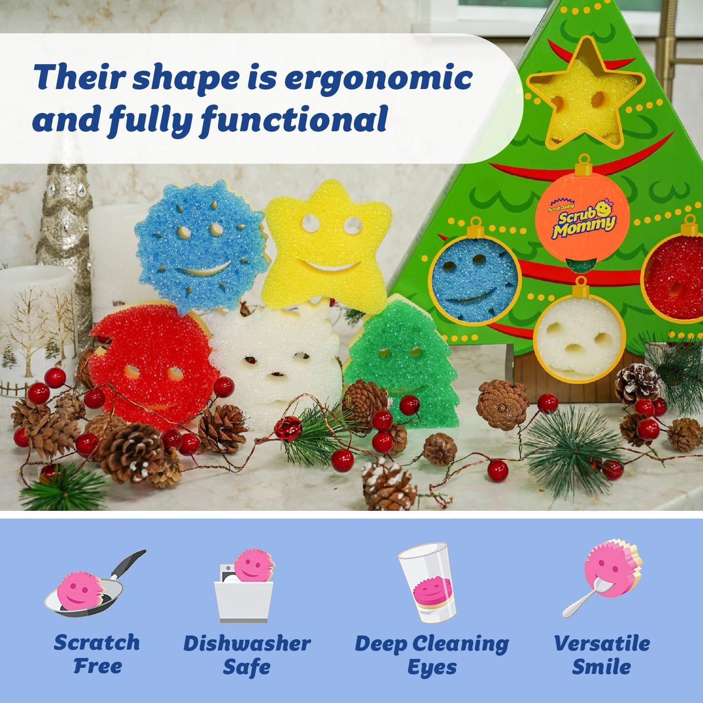Scrub Daddy Scrub Mommy Holiday Christmas Tree Gift Box Set, Non-Scratch Christmas Cleaning Sponges
