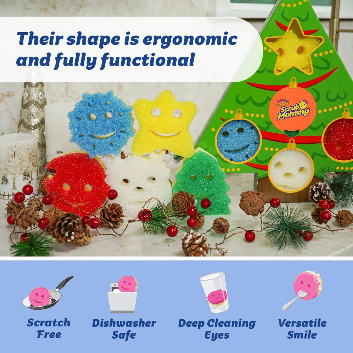 Scrub Daddy Scrub Mommy Holiday Christmas Tree Gift Box Set, Non-Scratch Christmas Cleaning Sponges