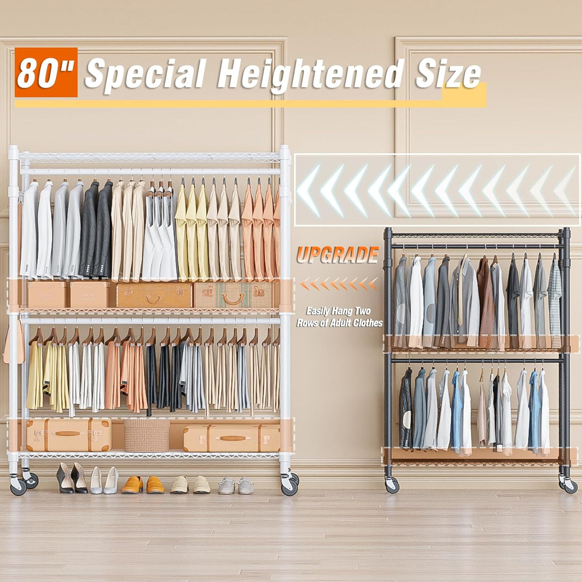 Homdox 3 Tier Garment Rack with Wheels, Portable Closets for Hanging Clothes Heavy Duty, Closet